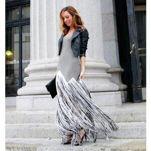 Asilio Shake It Off Houndstooth Herringbone Fringe Wool Blend Maxi Dress NWT